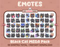 Black Cat Twitch emote mega pack featuring 50 emotes including hype, kiss, raid, and lurk.