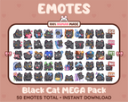 Black Cat Twitch emote mega pack featuring 50 emotes including hype, kiss, raid, and lurk.