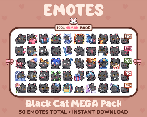 Black Cat Twitch emote mega pack featuring 50 emotes including hype, kiss, raid, and lurk.