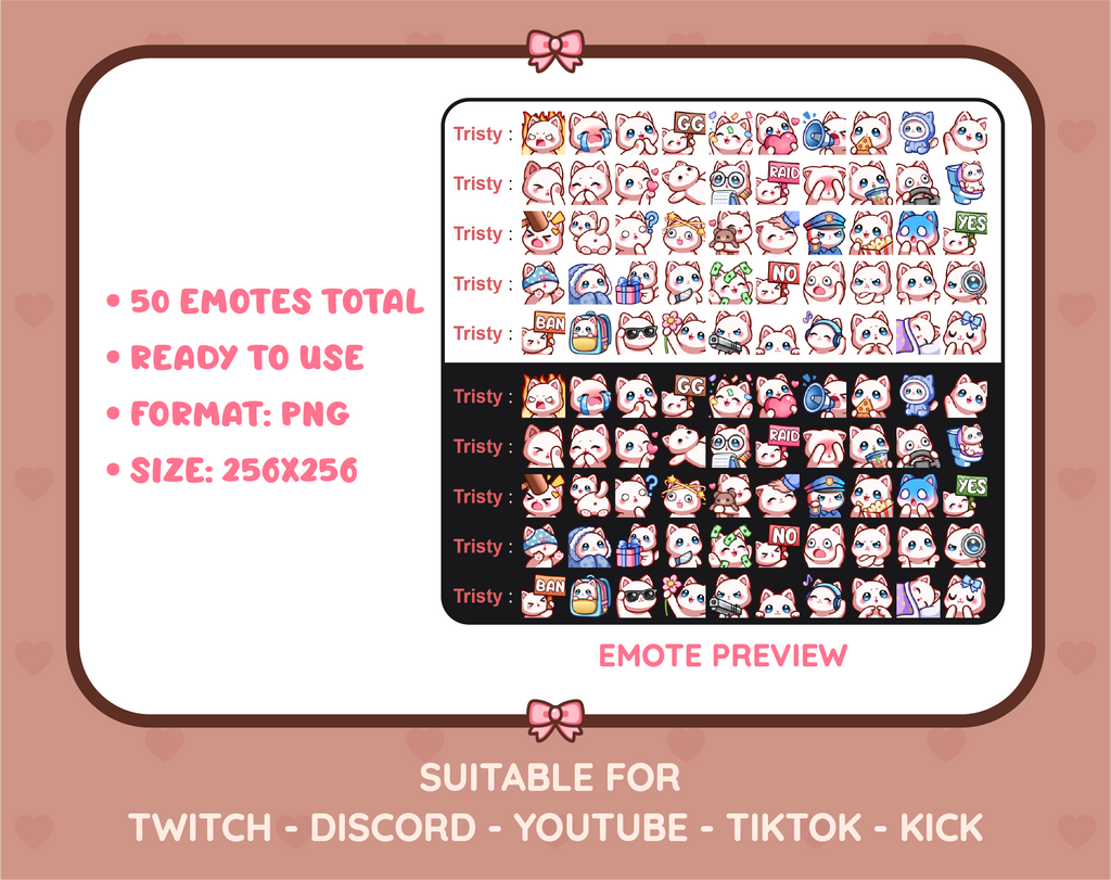 White Cat Twitch emote mega pack preview displaying all 50 emotes with format and size information.