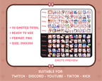 White Cat Twitch emote mega pack preview displaying all 50 emotes with format and size information.