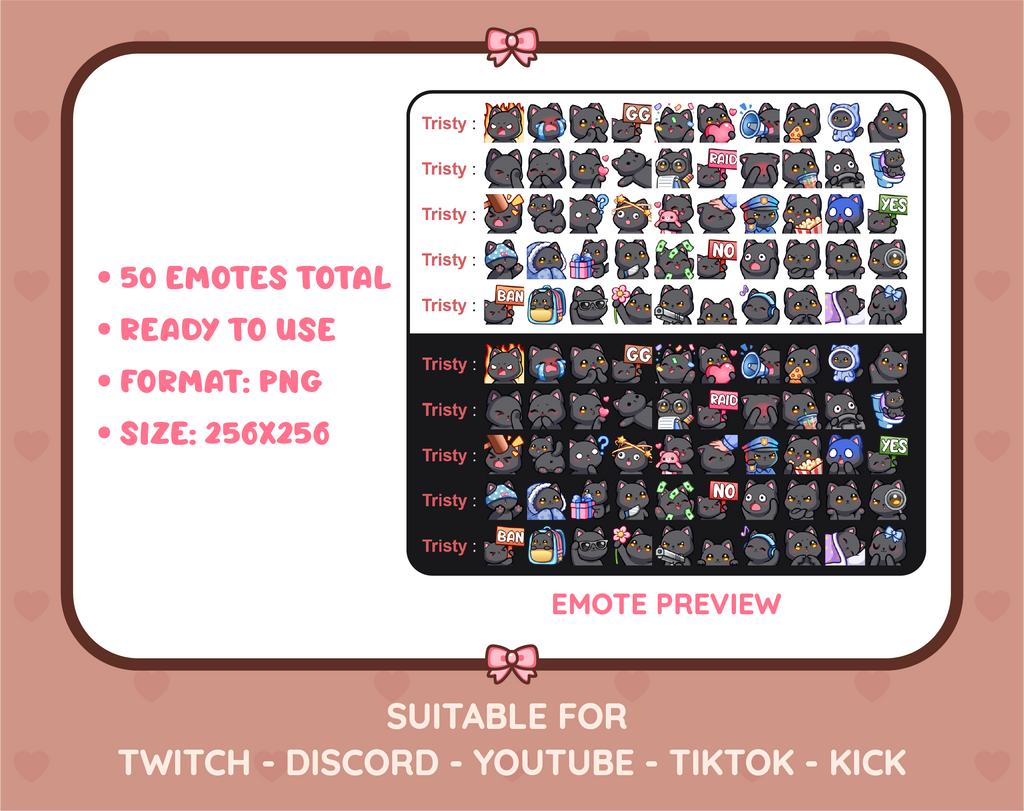 Black Cat Twitch emote mega pack preview displaying all 50 emotes with format and size information.