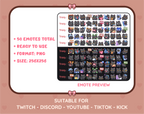 Black Cat Twitch emote mega pack preview displaying all 50 emotes with format and size information.