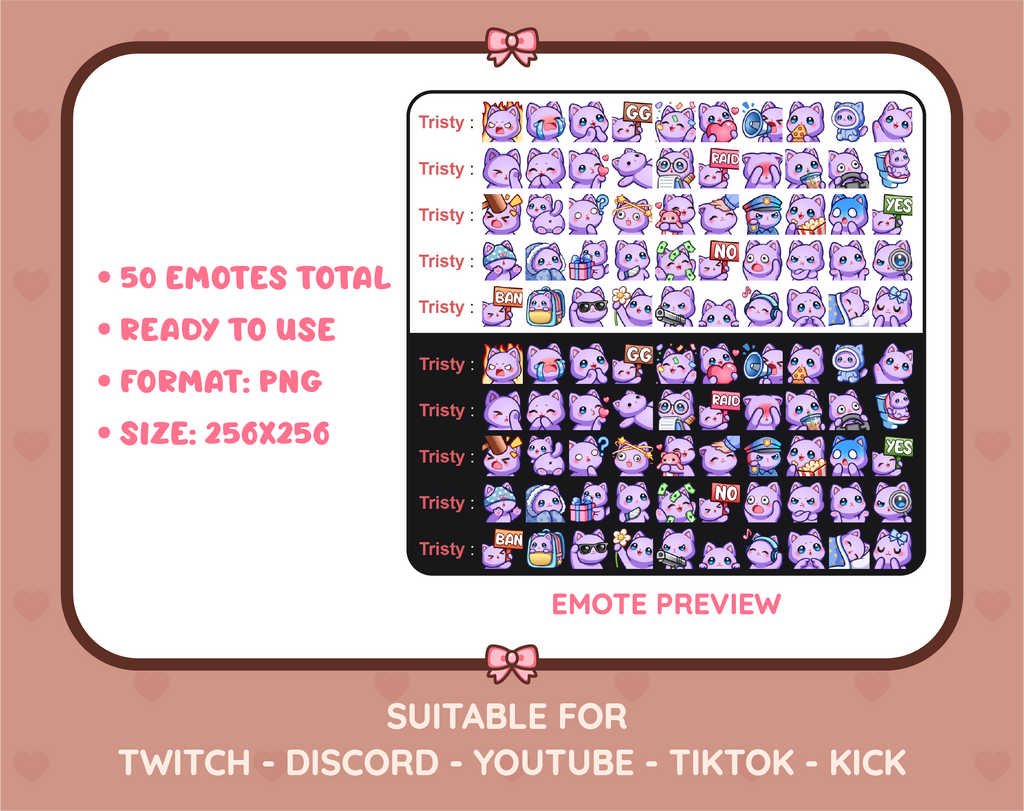 Purple Cat Twitch emote mega pack preview displaying all 50 emotes with format and size information.
