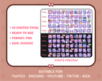 Purple Cat Twitch emote mega pack preview displaying all 50 emotes with format and size information.