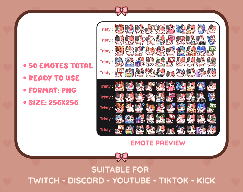 Calico Cat Twitch emote mega pack preview displaying all 50 emotes with format and size information.