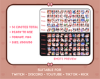 Calico Cat Twitch emote mega pack preview displaying all 50 emotes with format and size information.