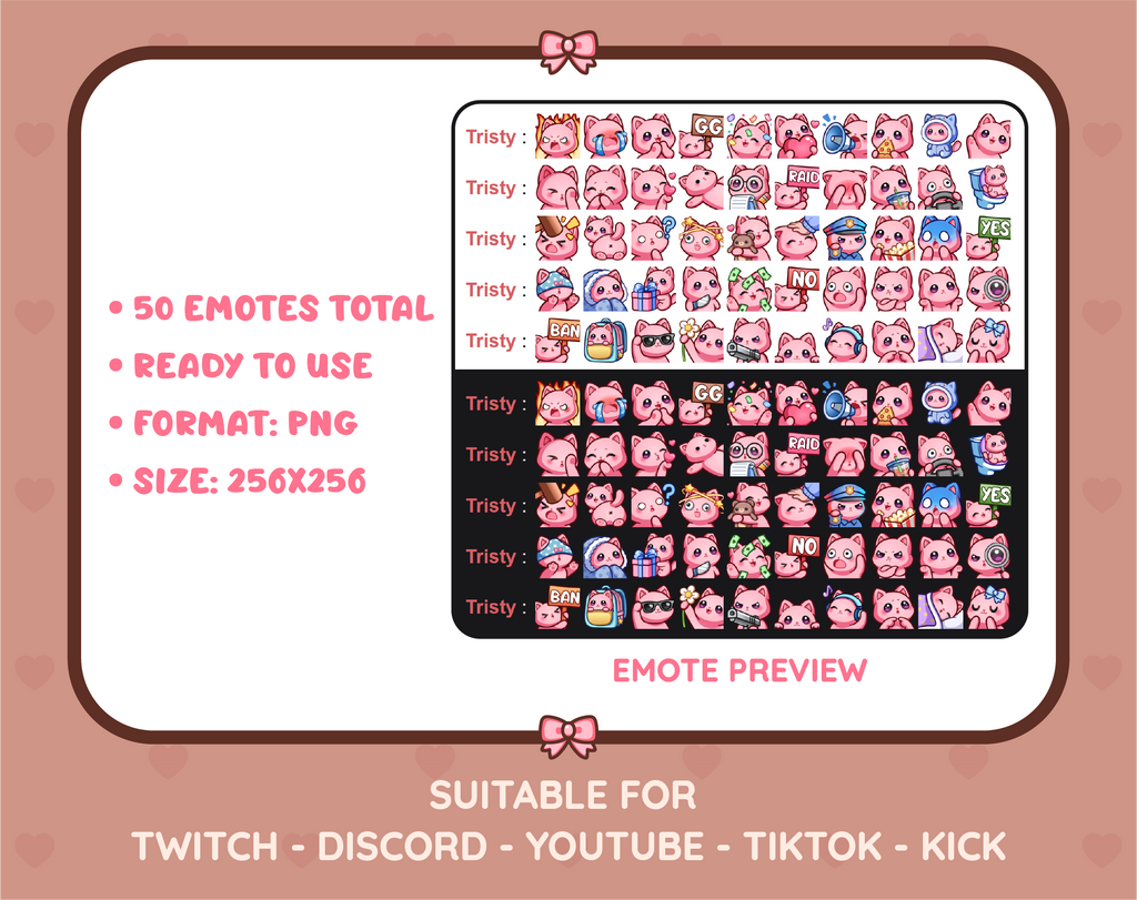Pink Cat Twitch emote mega pack preview displaying all 50 emotes with format and size information.