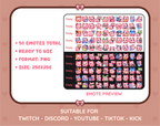 Pink Cat Twitch emote mega pack preview displaying all 50 emotes with format and size information.