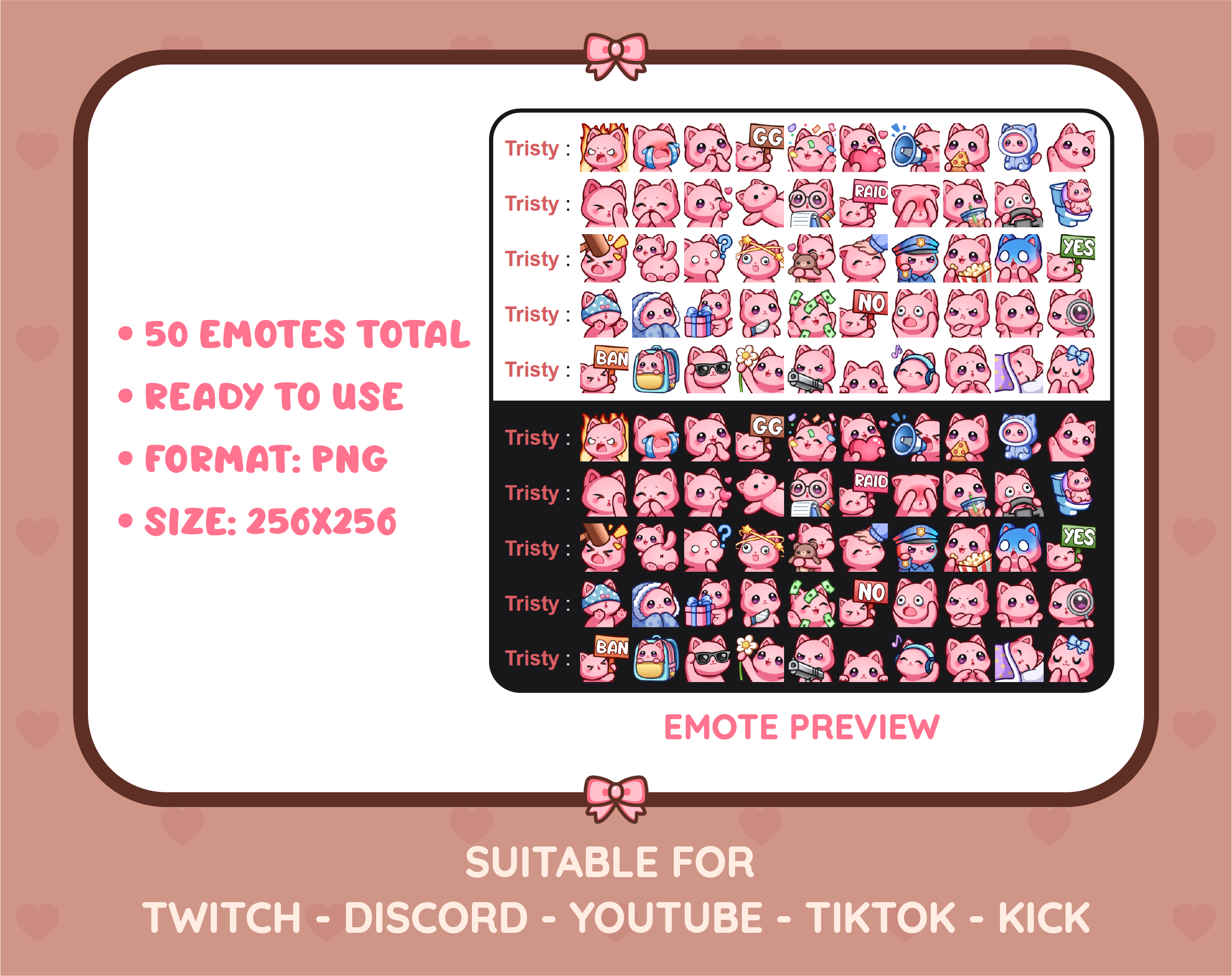 Pink Cat Twitch emote mega pack preview displaying all 50 emotes with format and size information.