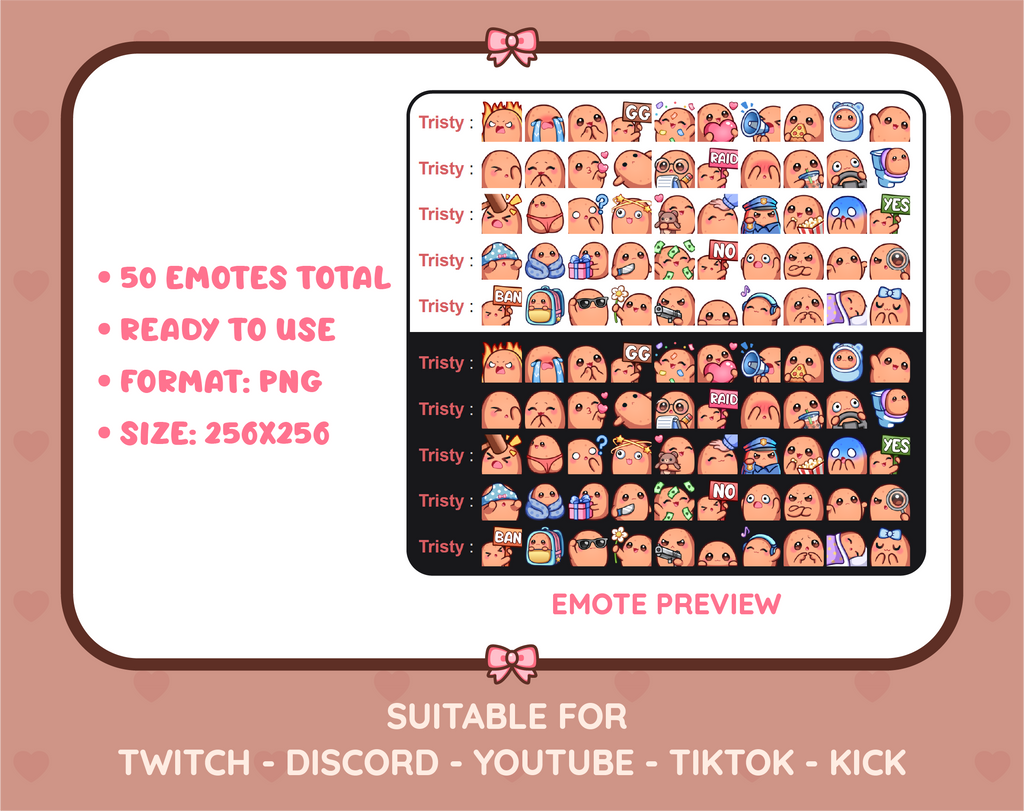 Potato Twitch emote mega pack preview displaying all 50 emotes with format and size information.