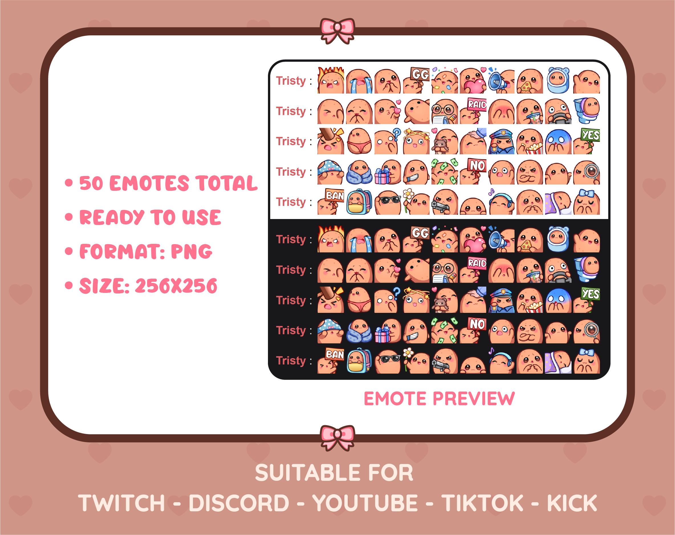 Potato Twitch emote mega pack preview displaying all 50 emotes with format and size information.