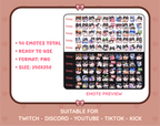 Black and White Cat Twitch emote mega pack preview displaying all 50 emotes with format and size information.