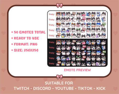Black and White Cat Twitch emote mega pack preview displaying all 50 emotes with format and size information.