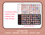 Brown and White Cat Twitch emote mega pack preview displaying all 50 emotes with format and size information.
