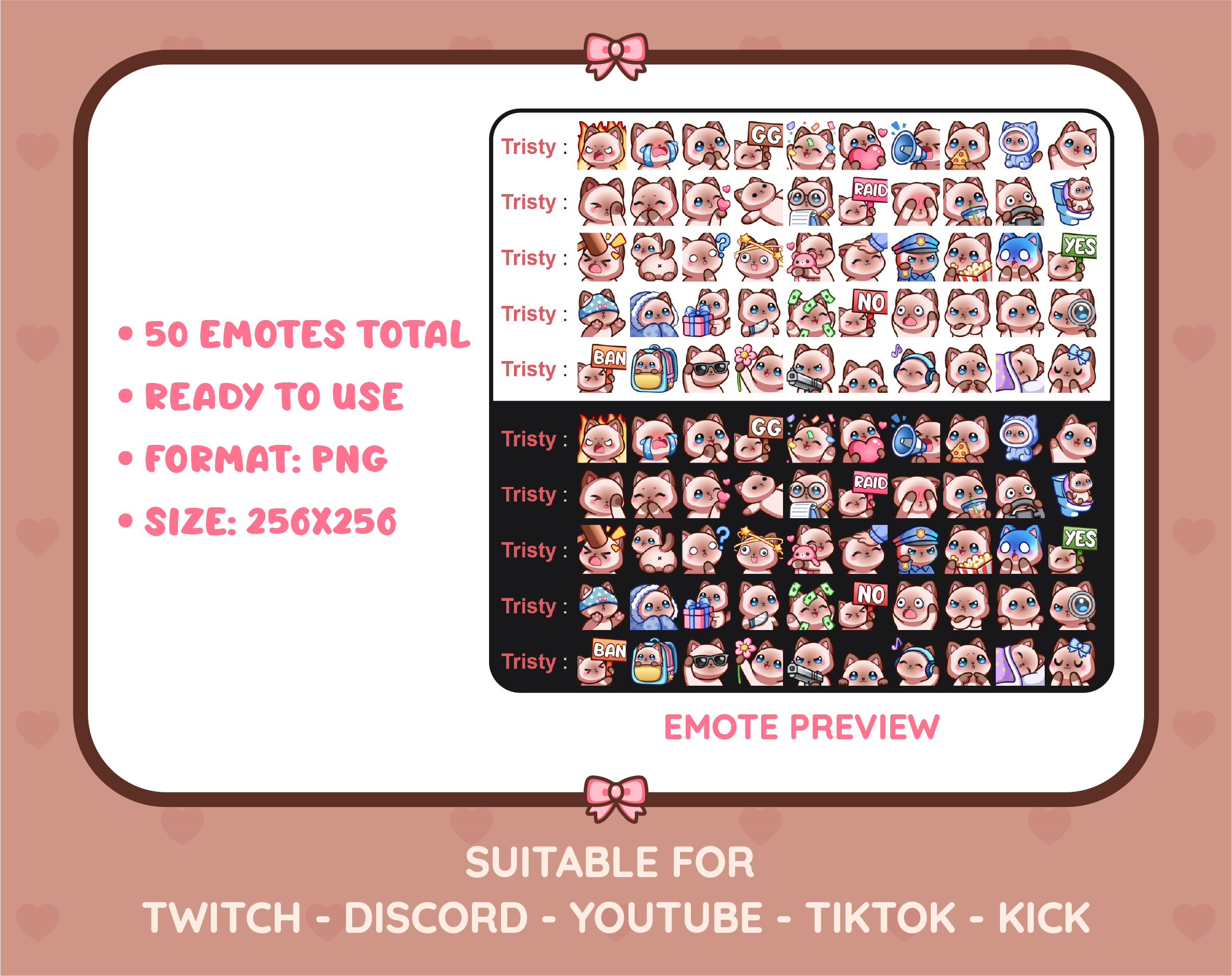 Siamese Cat Twitch emote mega pack preview displaying all 50 emotes with format and size information.