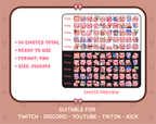 Pig Twitch emote mega pack preview displaying all 50 emotes with format and size information.