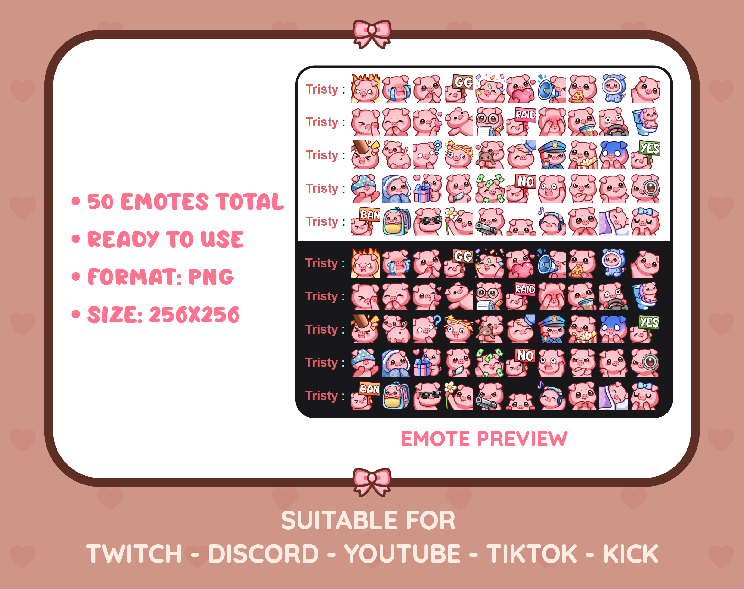 Pig Twitch emote mega pack preview displaying all 50 emotes with format and size information.