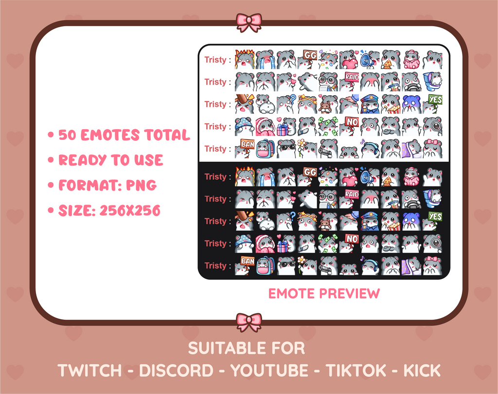 Gray Hamster Twitch emote mega pack preview displaying all 50 emotes with format and size information.