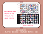 Gray Hamster Twitch emote mega pack preview displaying all 50 emotes with format and size information.