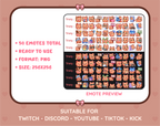 Orange Tabby Cat Twitch emote mega pack preview displaying all 50 emotes with format and size information.