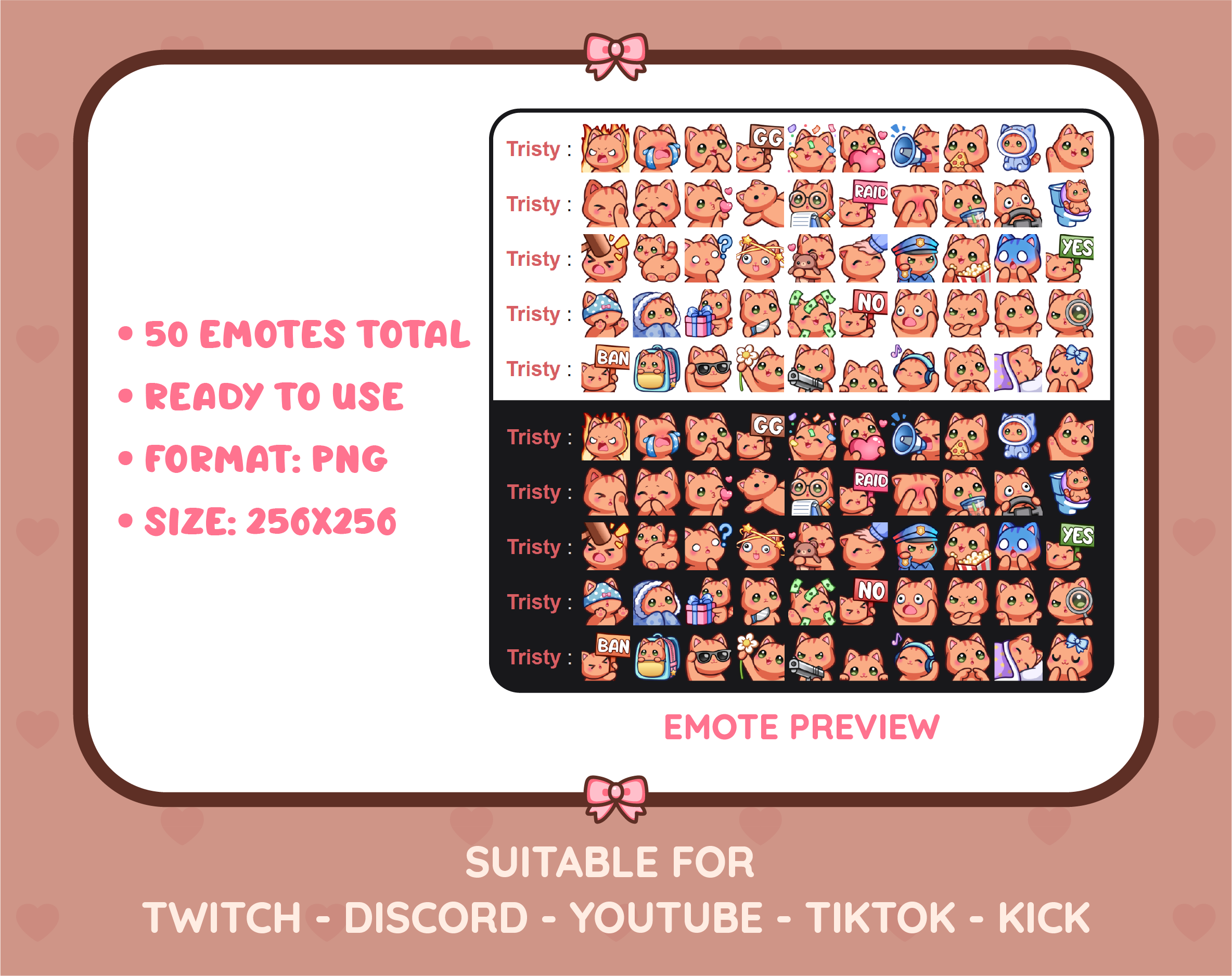Orange Tabby Cat Twitch emote mega pack preview displaying all 50 emotes with format and size information.