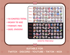 Gray Tabby Cat Twitch emote mega pack preview displaying all 50 emotes with format and size information.