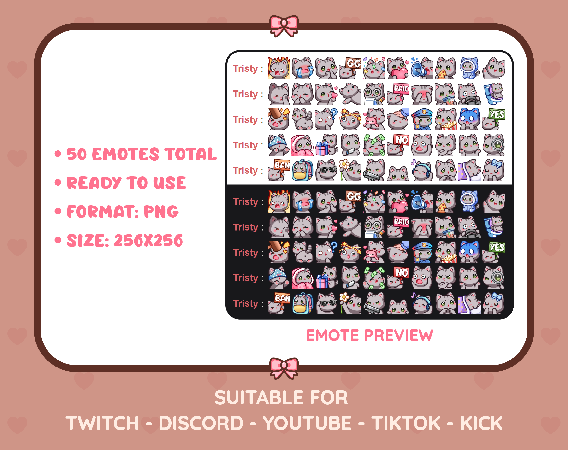 Gray Tabby Cat Twitch emote mega pack preview displaying all 50 emotes with format and size information.