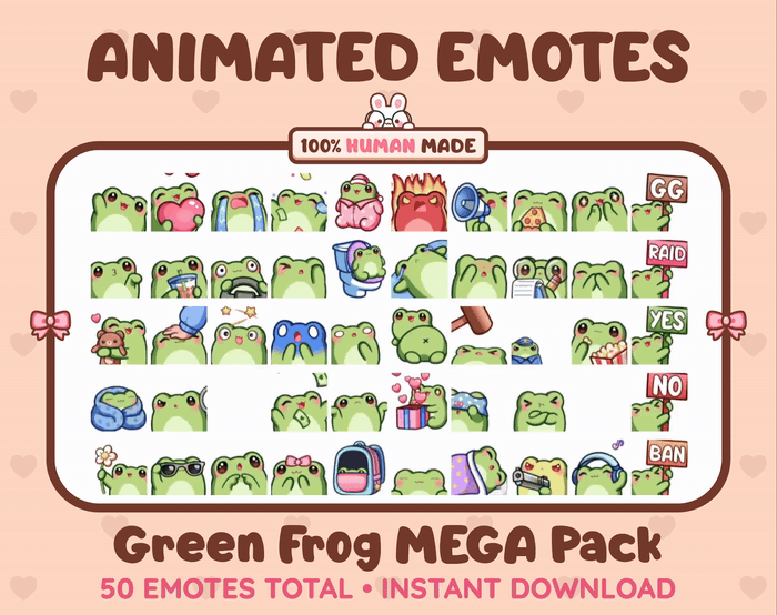 Frog animated Twitch emote mega pack GIF preview showing all 50 emote animations.