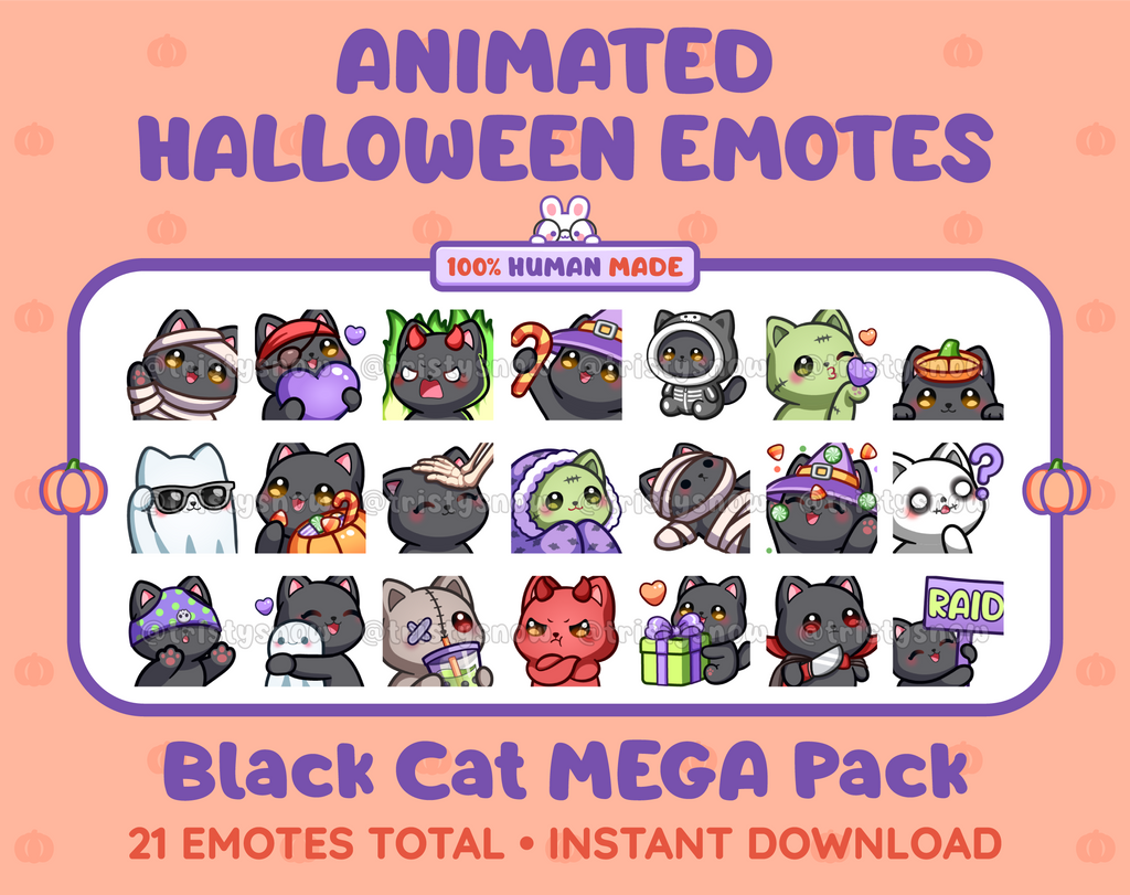 Black Cat Halloween animated Twitch emote mega pack featuring 21 emotes including hype, candy, kiss, and lurk.