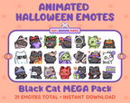 Black Cat Halloween animated Twitch emote mega pack featuring 21 emotes including hype, candy, kiss, and lurk.