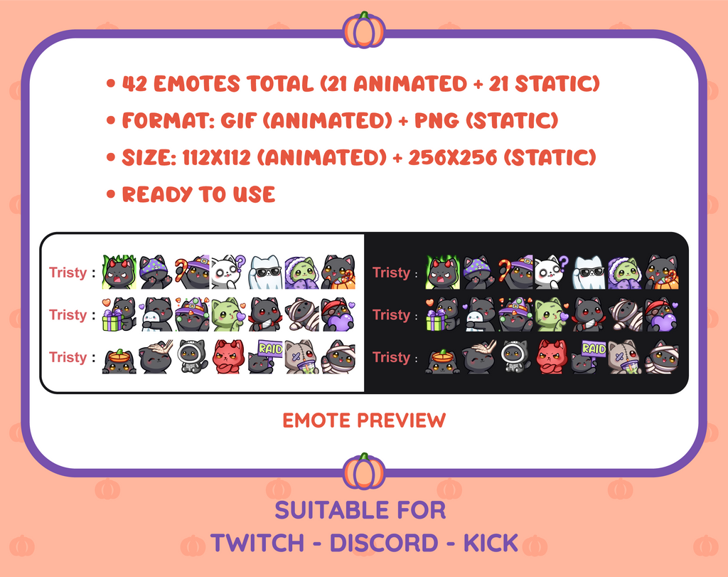 Black Cat Halloween animated Twitch emote mega pack shown in light and dark chat preview.