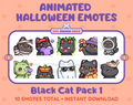 Black Cat Halloween animated Twitch emote pack featuring 10 emotes including angry, candy, kiss, and lurk.