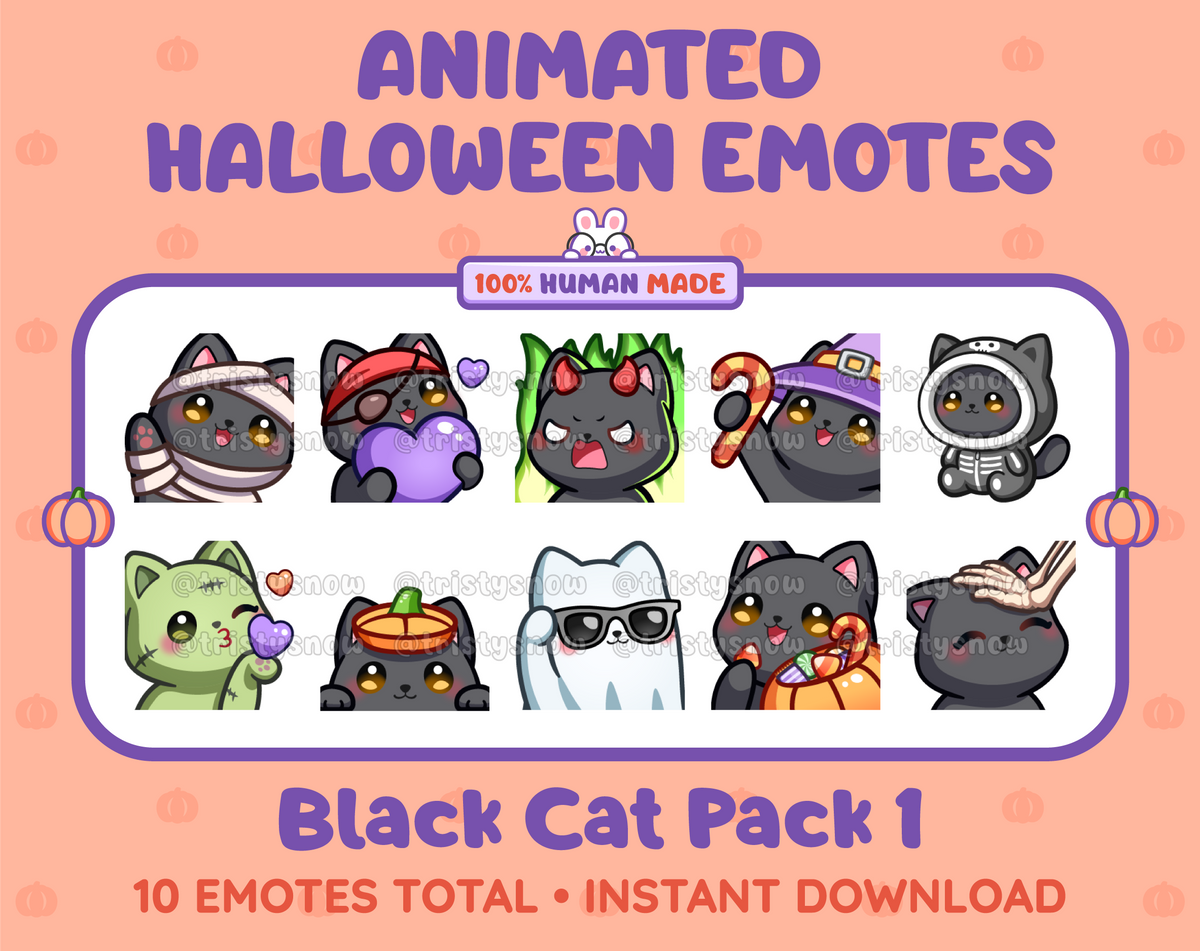 Black Cat Halloween animated Twitch emote pack featuring 10 emotes including angry, candy, kiss, and lurk.