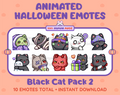 Black Cat Halloween animated Twitch emote pack featuring 10 emotes including hype, sip, hug, and pout.