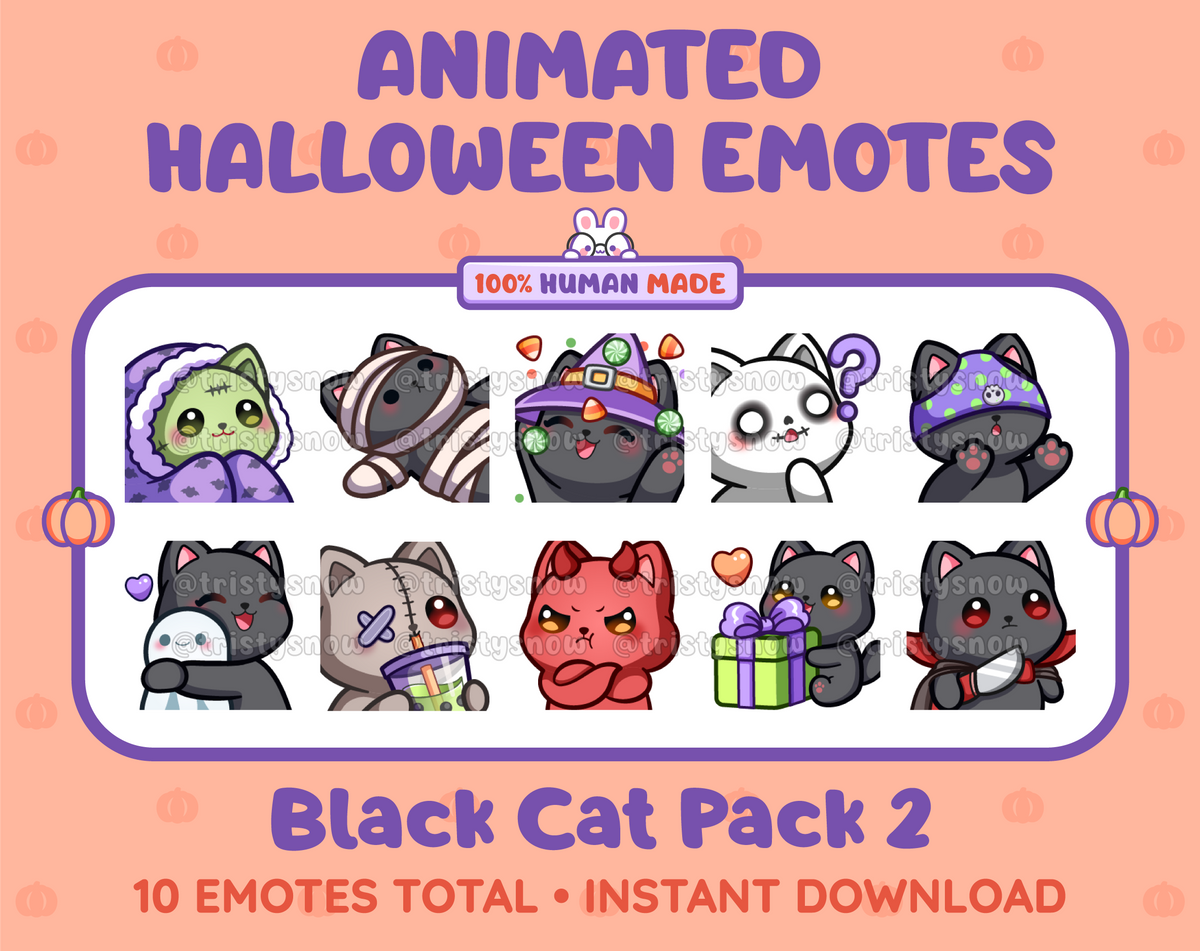 Black Cat Halloween animated Twitch emote pack featuring 10 emotes including hype, sip, hug, and pout.