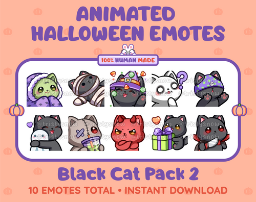 Black Cat Halloween animated Twitch emote pack featuring 10 emotes including hype, sip, hug, and pout.