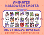 Black & White Cat Halloween animated Twitch emote mega pack featuring 21 emotes including hype, candy, kiss, and lurk.