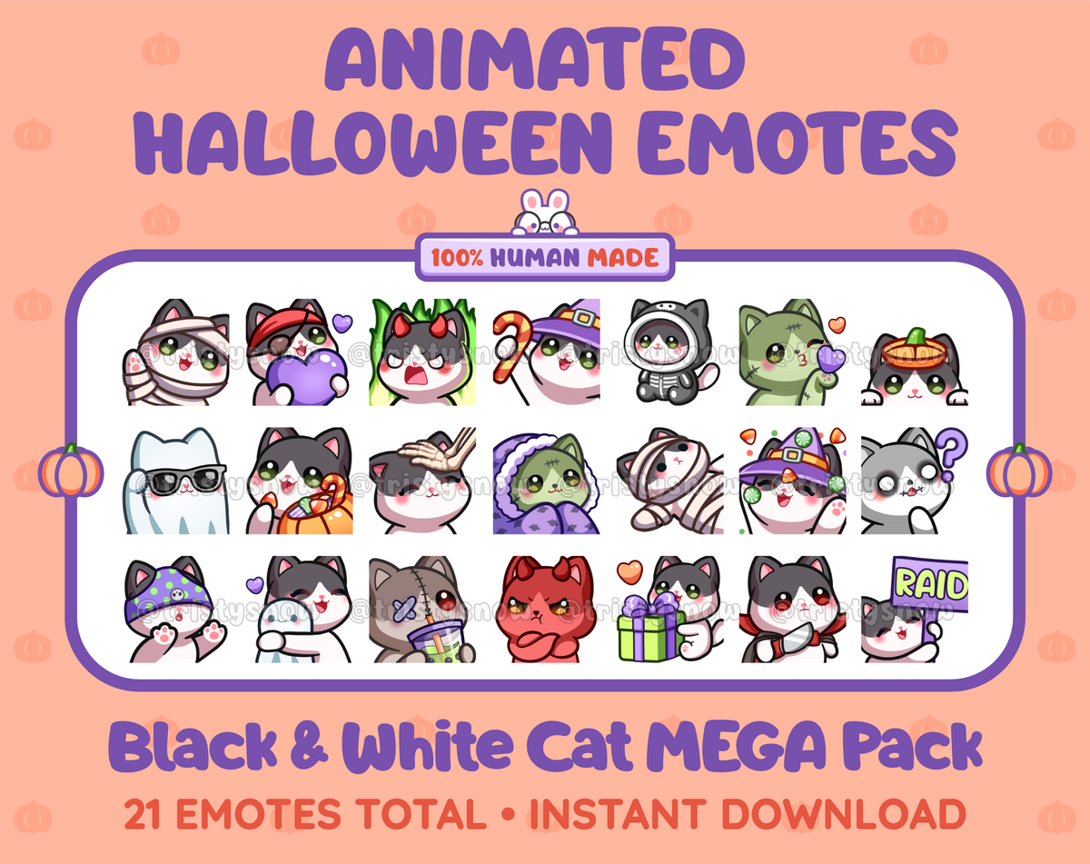 Black & White Cat Halloween animated Twitch emote mega pack featuring 21 emotes including hype, candy, kiss, and lurk.