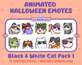 Black & White Cat Halloween animated Twitch emote pack featuring 10 emotes including angry, candy, kiss, and lurk.