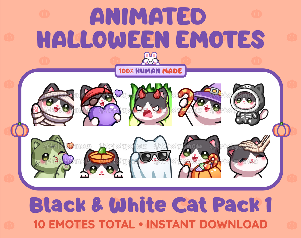 Black & White Cat Halloween animated Twitch emote pack featuring 10 emotes including angry, candy, kiss, and lurk.