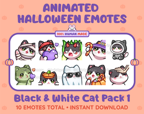 Black & White Cat Halloween animated Twitch emote pack featuring 10 emotes including angry, candy, kiss, and lurk.