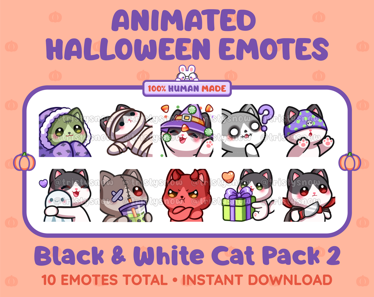 Black & White Cat Halloween animated Twitch emote pack featuring 10 emotes including hype, sip, hug, and pout.