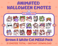 Brown & White Cat Halloween animated Twitch emote mega pack featuring 21 emotes including hype, candy, kiss, and lurk.