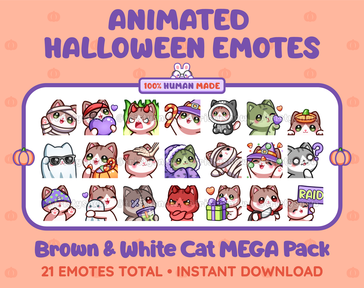 Brown & White Cat Halloween animated Twitch emote mega pack featuring 21 emotes including hype, candy, kiss, and lurk.