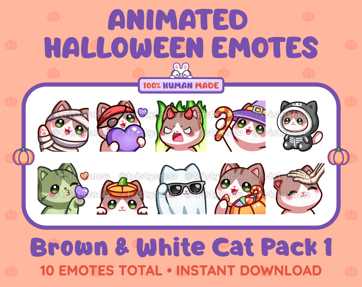 Brown & White Cat Halloween animated Twitch emote pack featuring 10 emotes including angry, candy, kiss, and lurk.