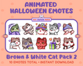 Brown & White Cat Halloween animated Twitch emote pack featuring 10 emotes including hype, sip, hug, and pout.