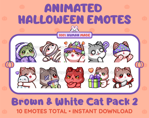 Brown & White Cat Halloween animated Twitch emote pack featuring 10 emotes including hype, sip, hug, and pout.