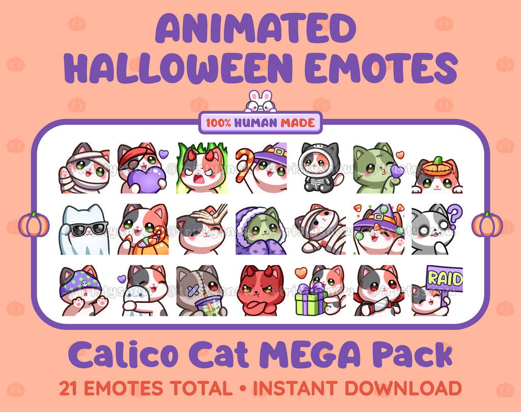 Calico Cat Halloween animated Twitch emote mega pack featuring 21 emotes including hype, candy, kiss, and lurk.