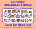 Calico Cat Halloween animated Twitch emote mega pack featuring 21 emotes including hype, candy, kiss, and lurk.